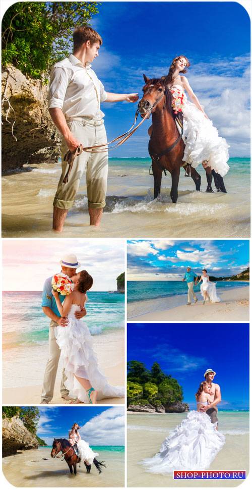 Жених и невеста на берегу моря / Bride and groom on the beach - Stock Photo
