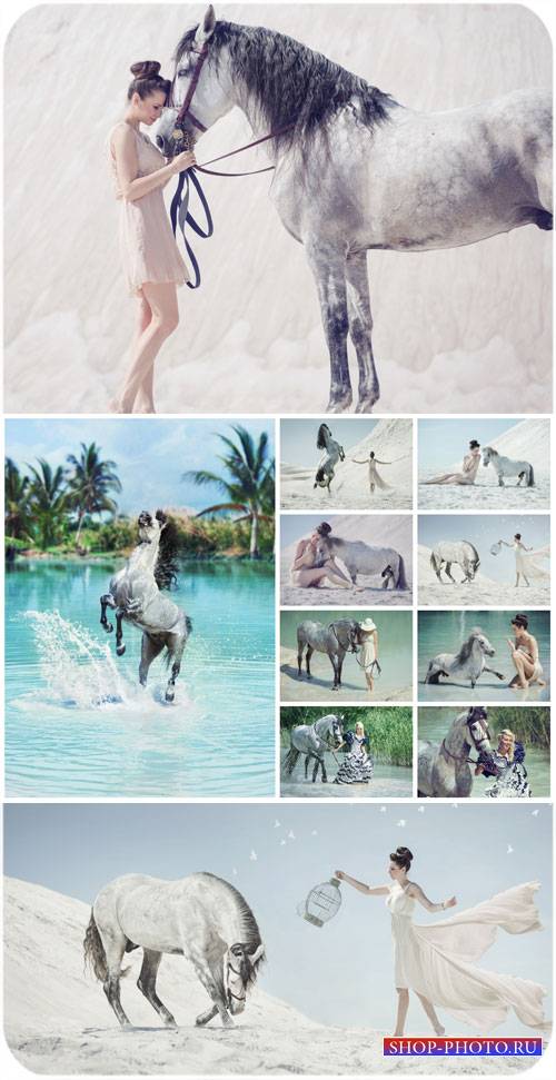 Девушки и лошади, природа / Girls and horses, nature - Stock Photo