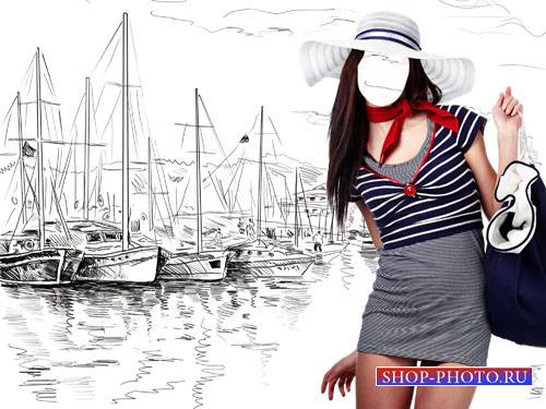 Шаблон для фотошоп - Нарисованные яхты и милая девушка