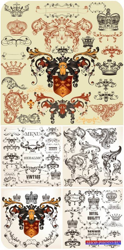 Коллекция векторных геральдических элементов для дизайна, герб и щит / Collection of vector heraldic elements for design
