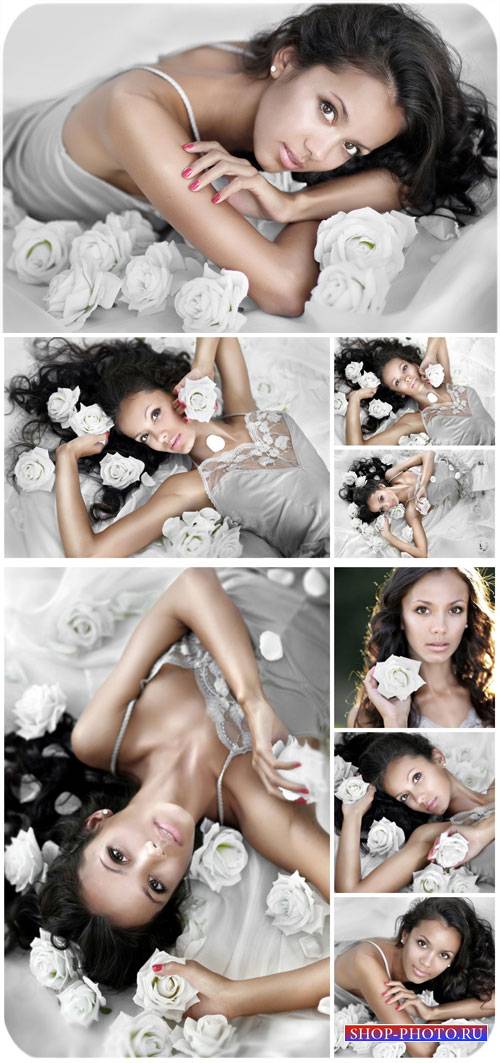 Красивая девушка в белых розах / Beautiful girl in white roses - Stock Photo