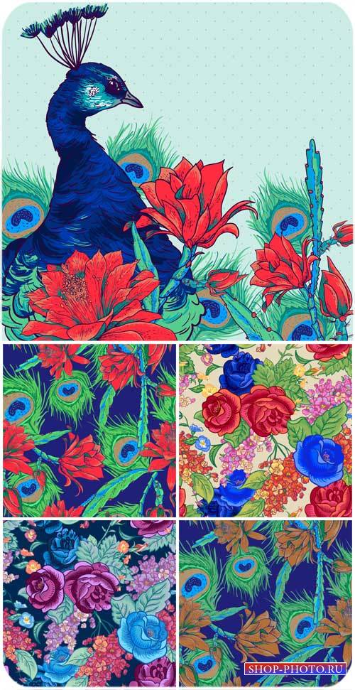 Векторные фоны с павлином и цветами / Vector background with flowers and peacock