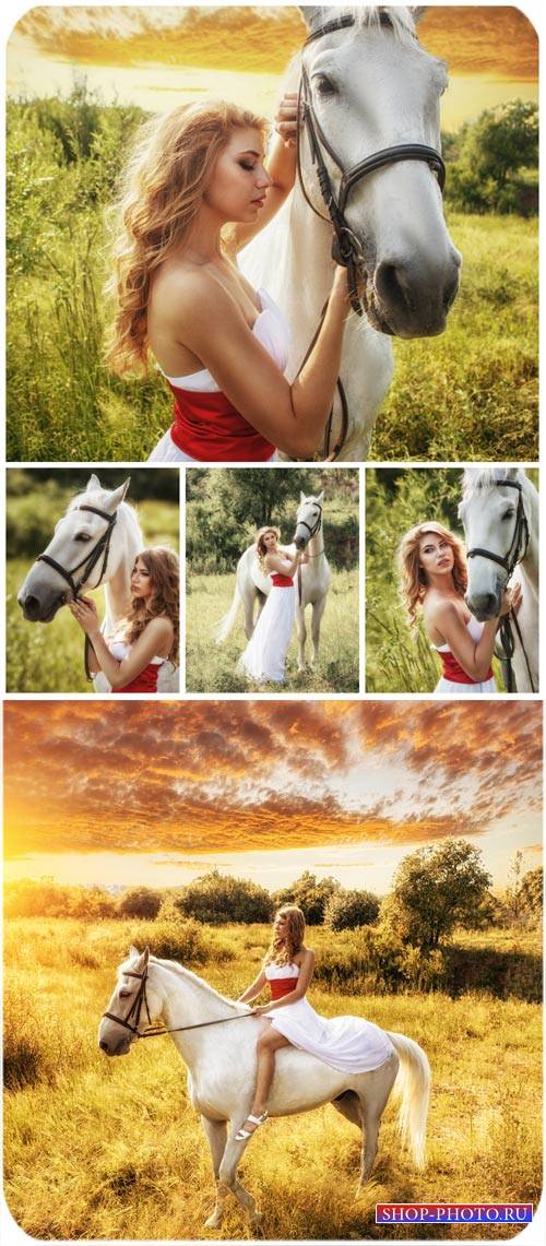 Девушка с лошадью, природа / Girl with a horse, nature - Stock Photo
