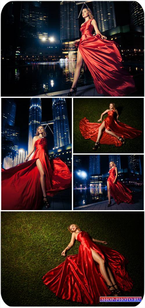 Девушка в красном платье на фоне ночного города / Girl in a red dress on a  ...