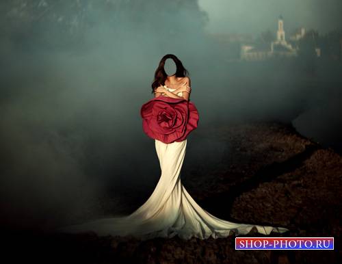  Шаблон для фотомонтажа - Брюнетка в ослепительном платье с розой 