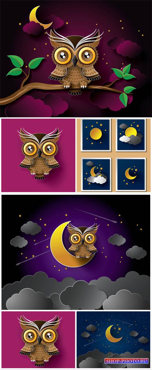 Сова, ночное небо в векторе / Owl, night sky vector