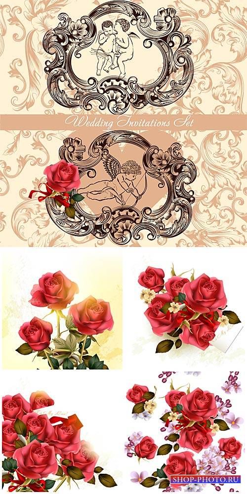 Свадебные приглашения, розы в векторе / Wedding invitation, rose vector