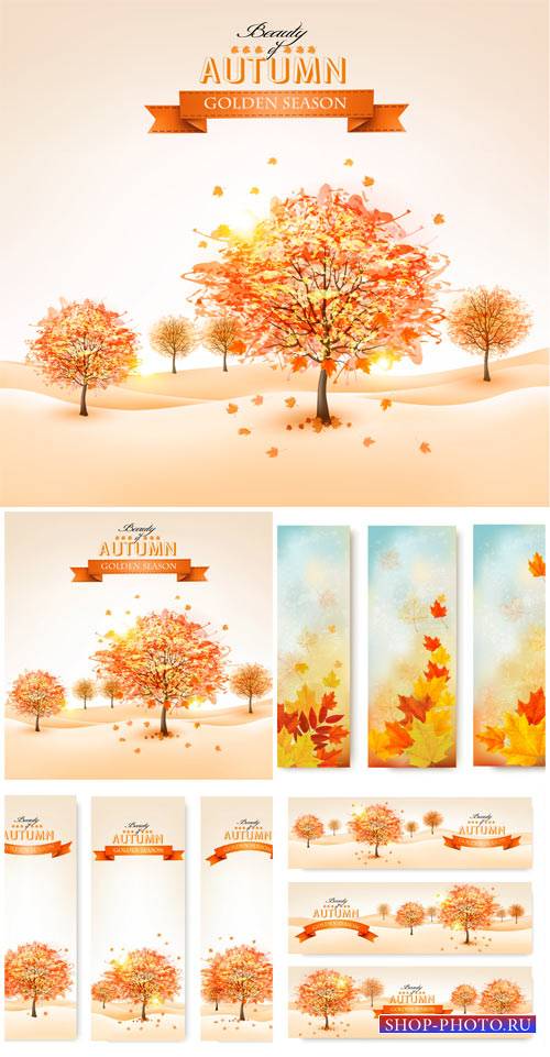 Осенние фоны, баннеры с деревьями в векторе / Autumn backgrounds, banners w ...