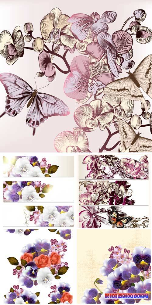 Цветочные фоны и баннеры, фиалки в векторе / Floral backgrounds and banners, violet vector