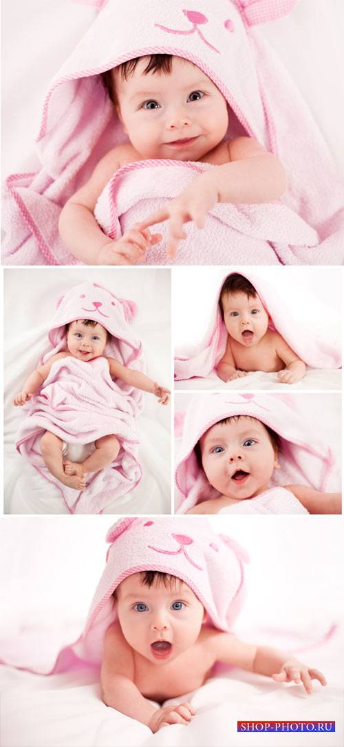Очаровательный ребенок в розовом покрывале / Charming baby in a pink bedspread - stock photos