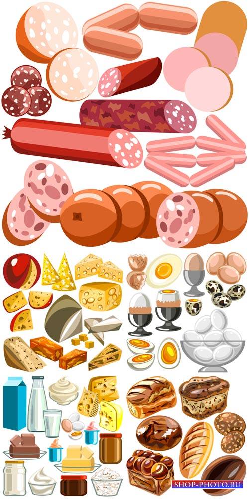 Еда в векторе, мясо, хлеб, сыр, молоко / Food vector, meat, bread, cheese, milk