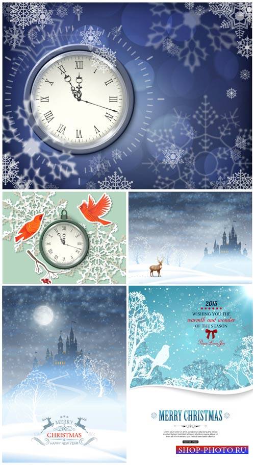 Рождественский вектор, новогодние куранты, зимние фоны с снежинками / Chris ...