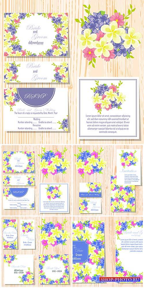 Wedding invitation vector, backgrounds and cards with flowers