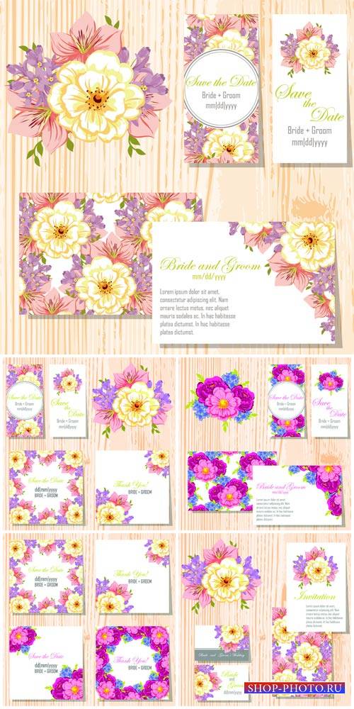 Wedding invitation with flowers, vector backgrounds #1