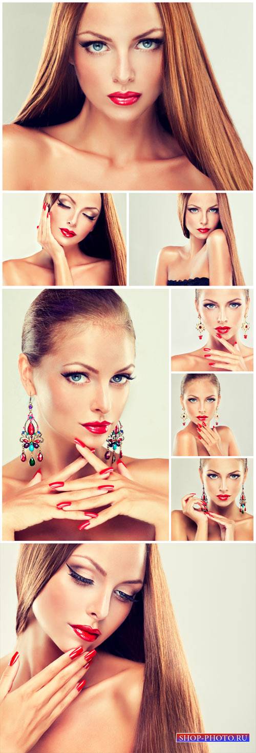 Beautiful girl in earrings, stylish makeup - stock photos