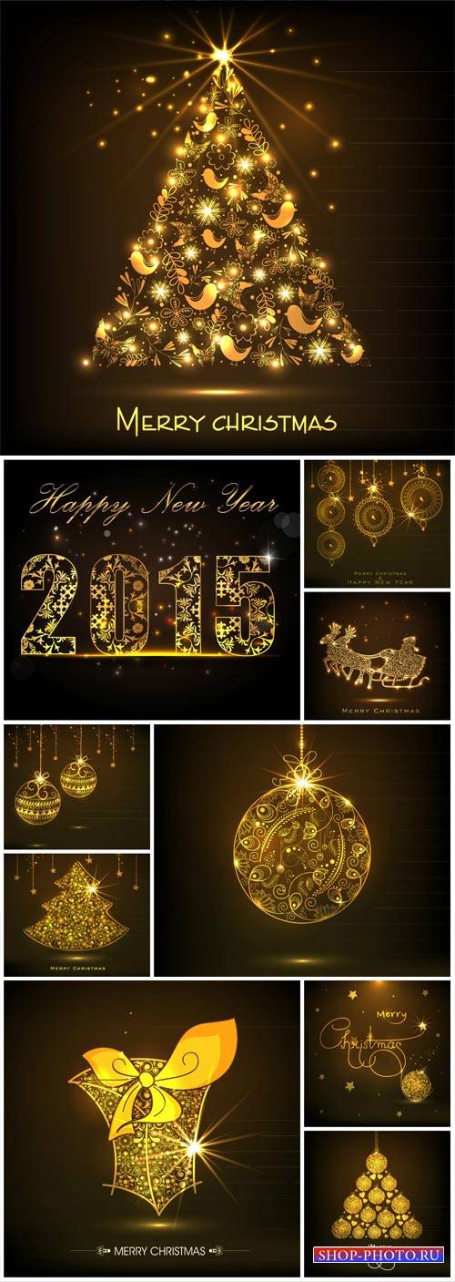 Christmas vector, golden tree, glittering balls