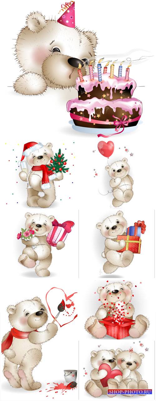 Funny teddy bear vector, birthday, new year