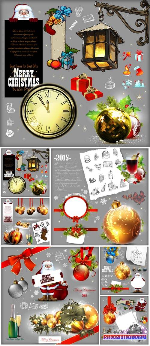 Christmas and New Year vector, champagne, balloons, Santa Claus