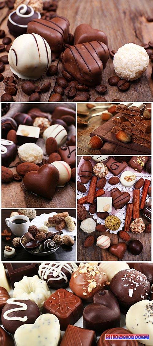 Chocolate candies, white and dark chocolate - stock photos