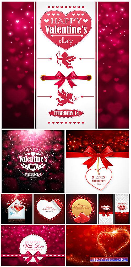 Valentine's Day, angels and hearts, vector shining backgrounds