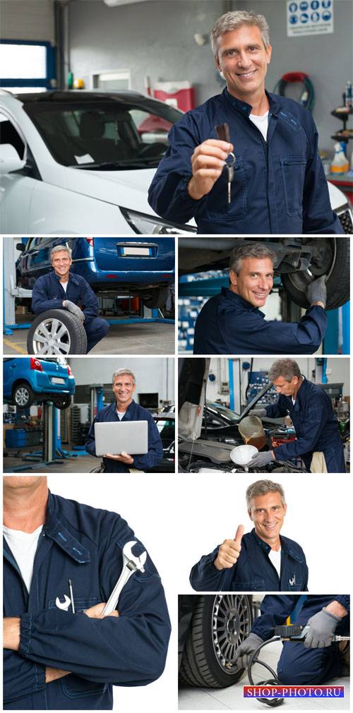 Car workshop, man repairing a car - stock photos