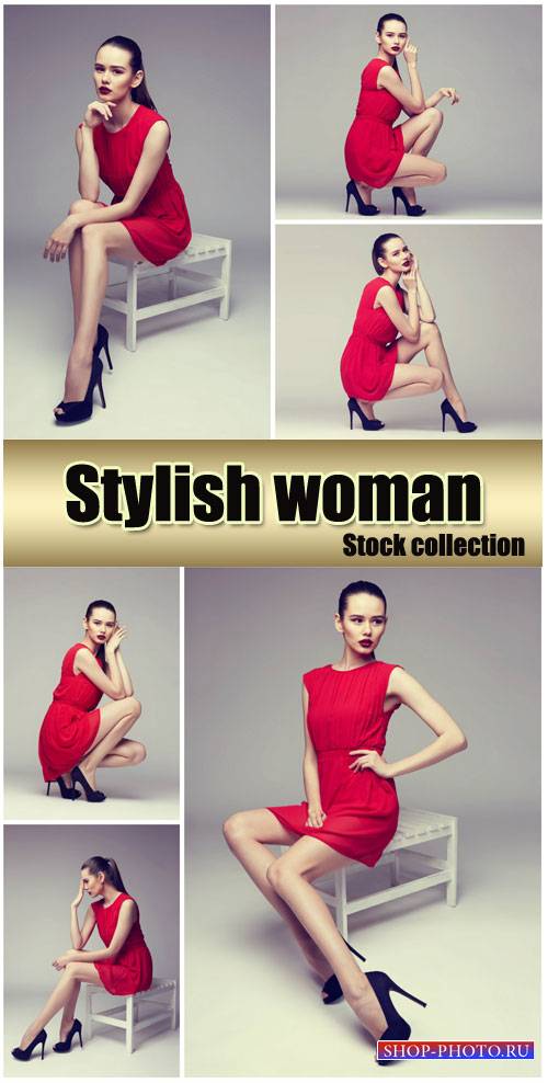 Fashionable girl in the stylish red dress - Stock Photo