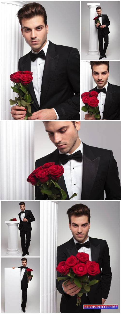 Man with a bouquet of red roses - stock photos