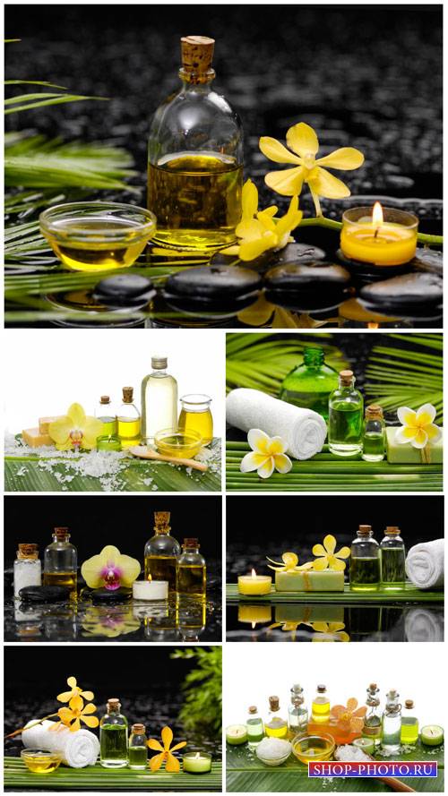 Spa backgrounds, aromatic oils, candles - stock photos