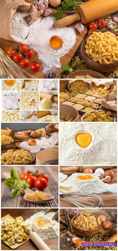 Pasta, eggs, flour, types flour products - stock photos
