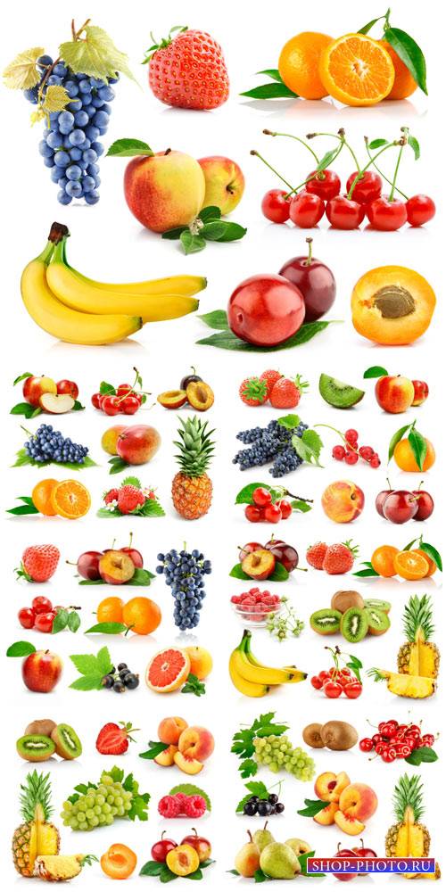 Fruits and berries, grapes, pineapple, strawberry, apple - stock photos