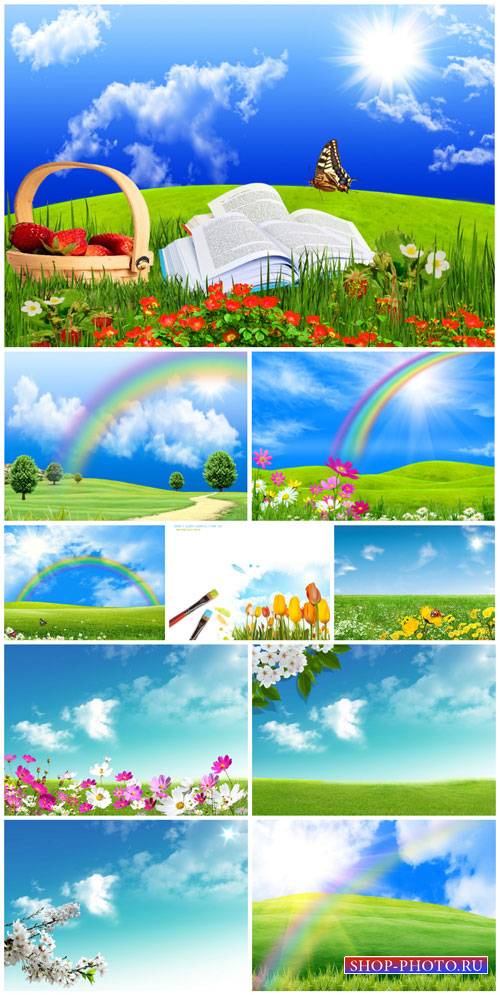 Natural landscape with rainbow, flowers and butterflies - stock photos