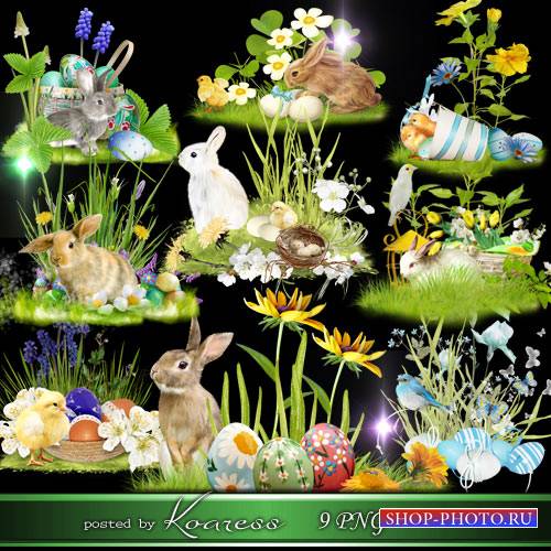 Пасхальные кластеры-полянки на прозрачном фоне с кроликами, цветами, крашен ...