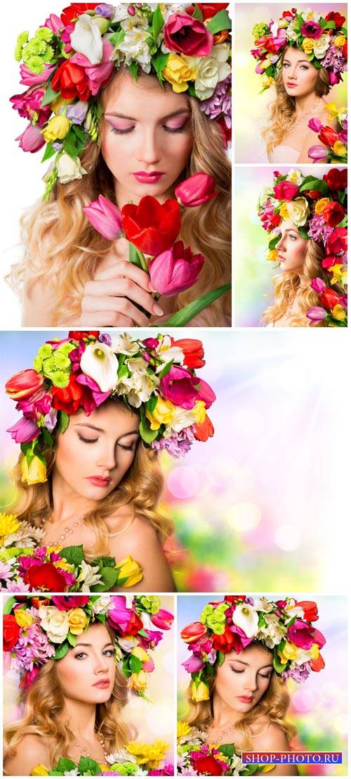 Woman with flowers, spring bouquet - stock photos