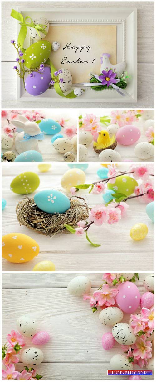 Happy Easter, Easter eggs and spring flowers - Stock Photo