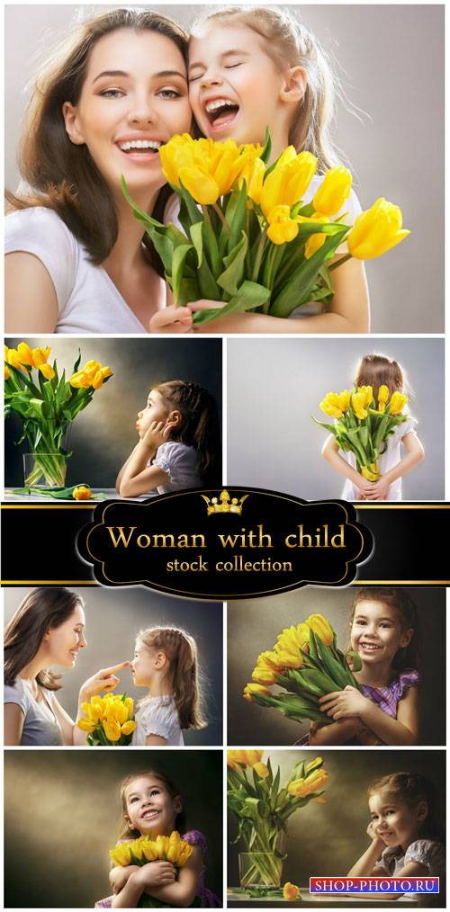 Woman with child tulips - stock photos
