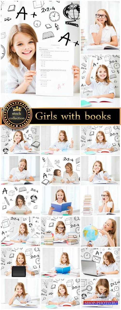 Girls with books and notebooks, schoolgirl - stock photos