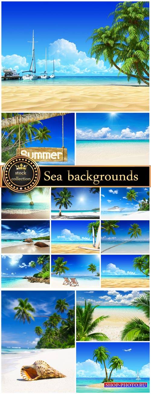 Sea backgrounds, palm trees, sand, ships - stock photos