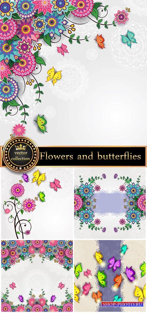 Flowers and butterflies, vector backgrounds