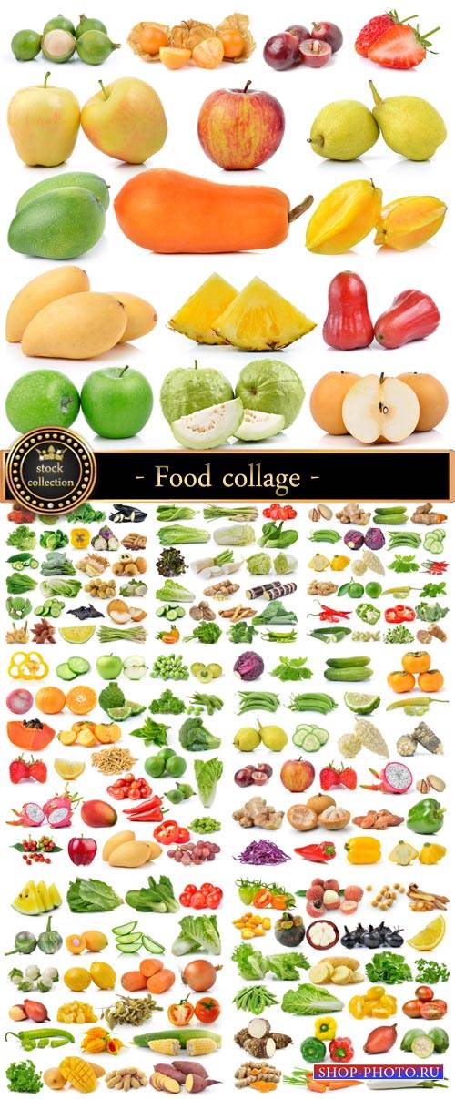 Food collage of vegetables, fruits, berries - stock photos