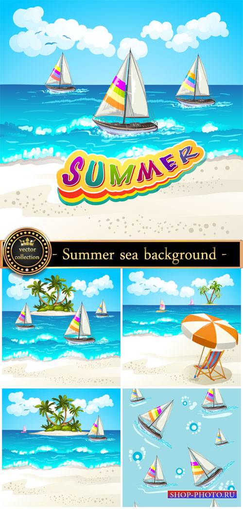 Summer sea background, sailboat, palm trees vector