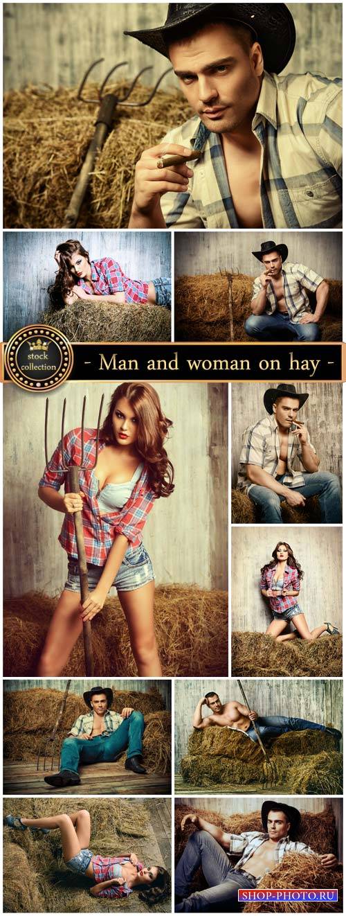 Man and woman on hay, Western style - stock photos