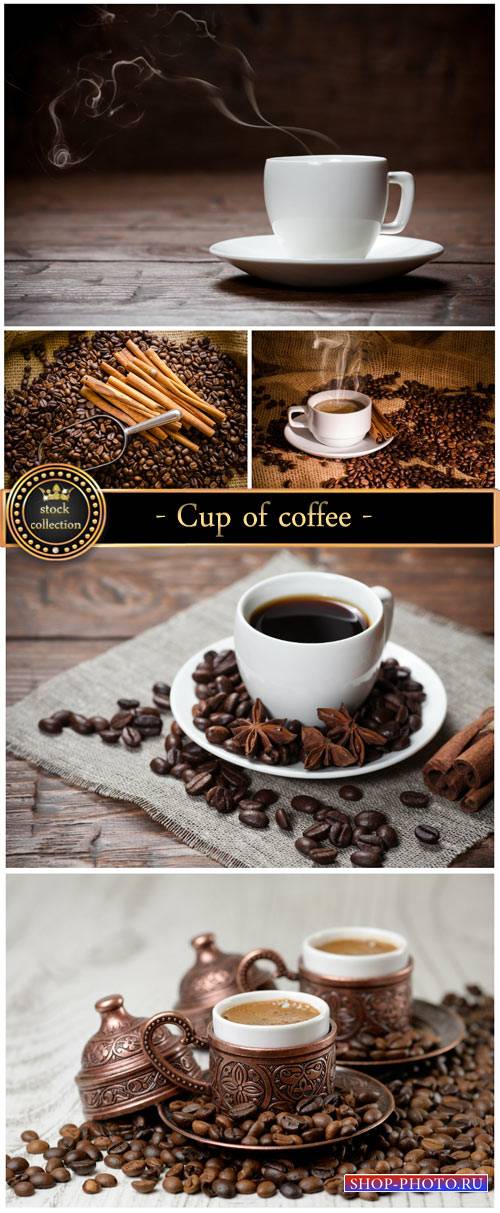 Cup of coffee, coffee beans and cinnamon - Stock Photo