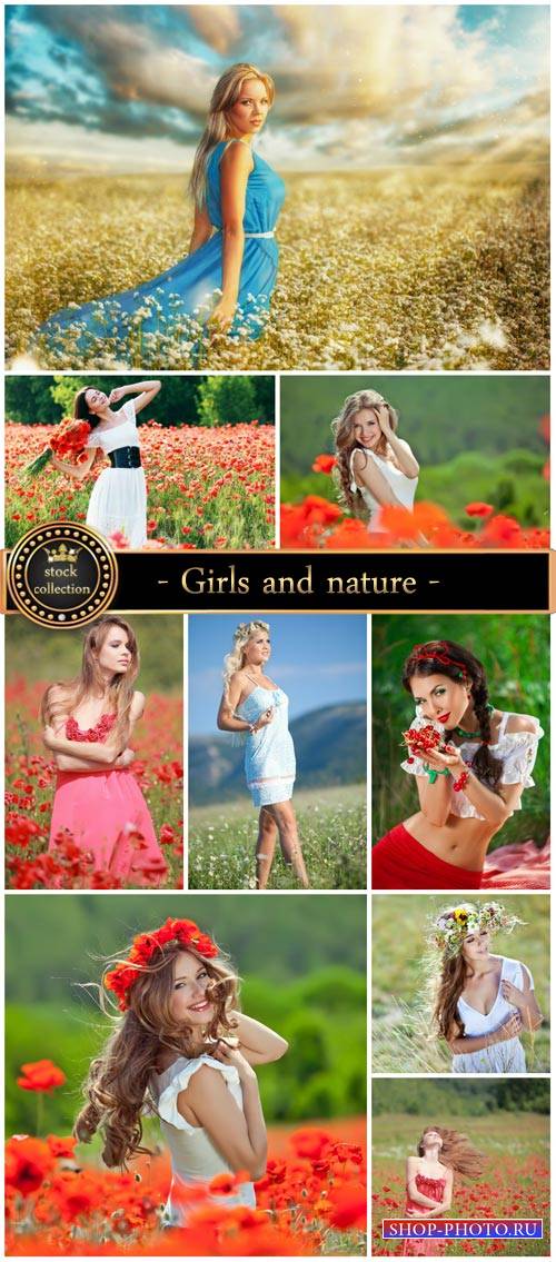 Girls and nature, flower fields - Stock photo