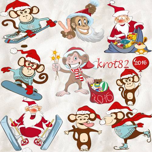 Подборка новогоднего клипарта  PNG – Смешные обезьяны и веселый Дед Мороз