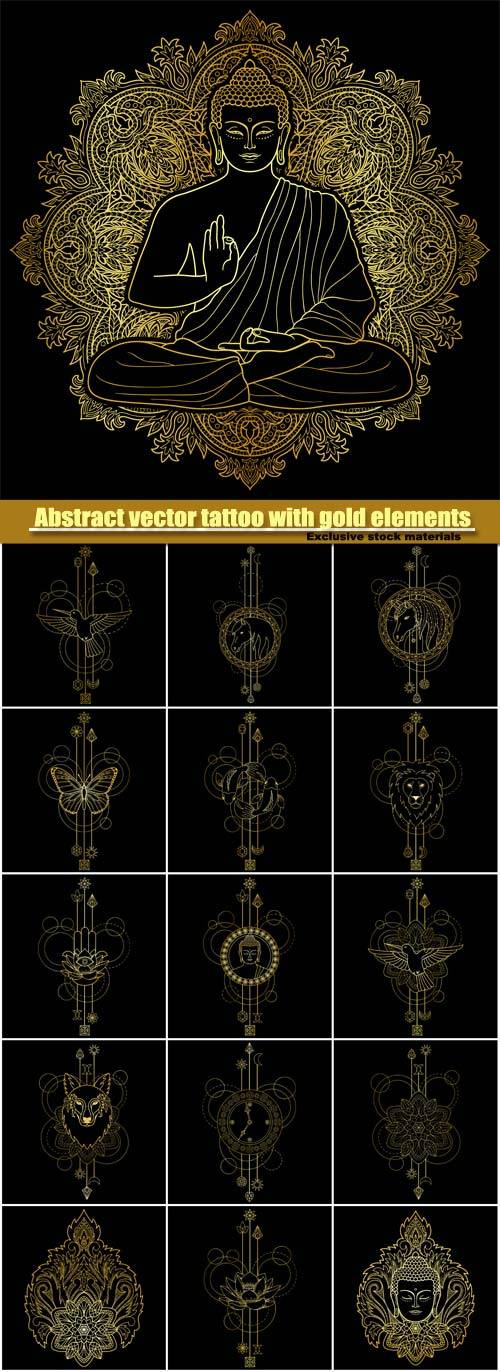Abstract vector tattoo with gold elements on black background