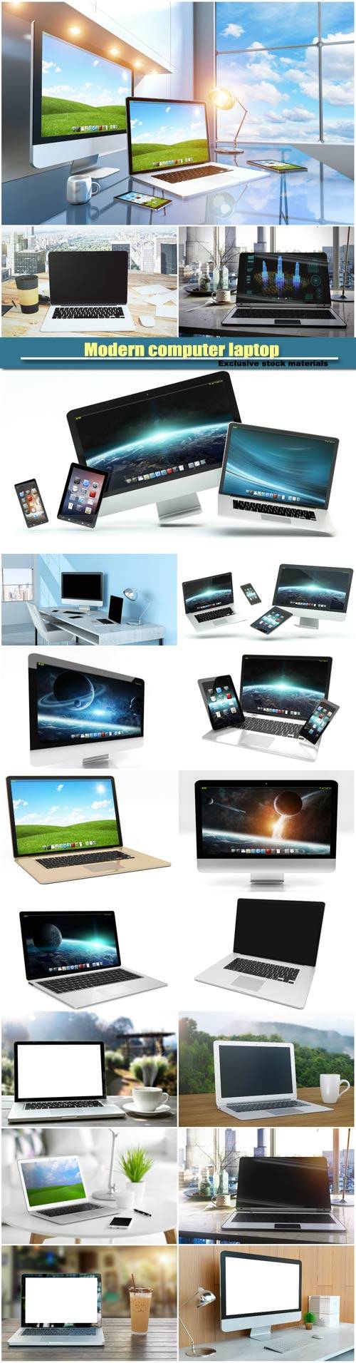 Modern computer laptop, mobile phone and tablet floating