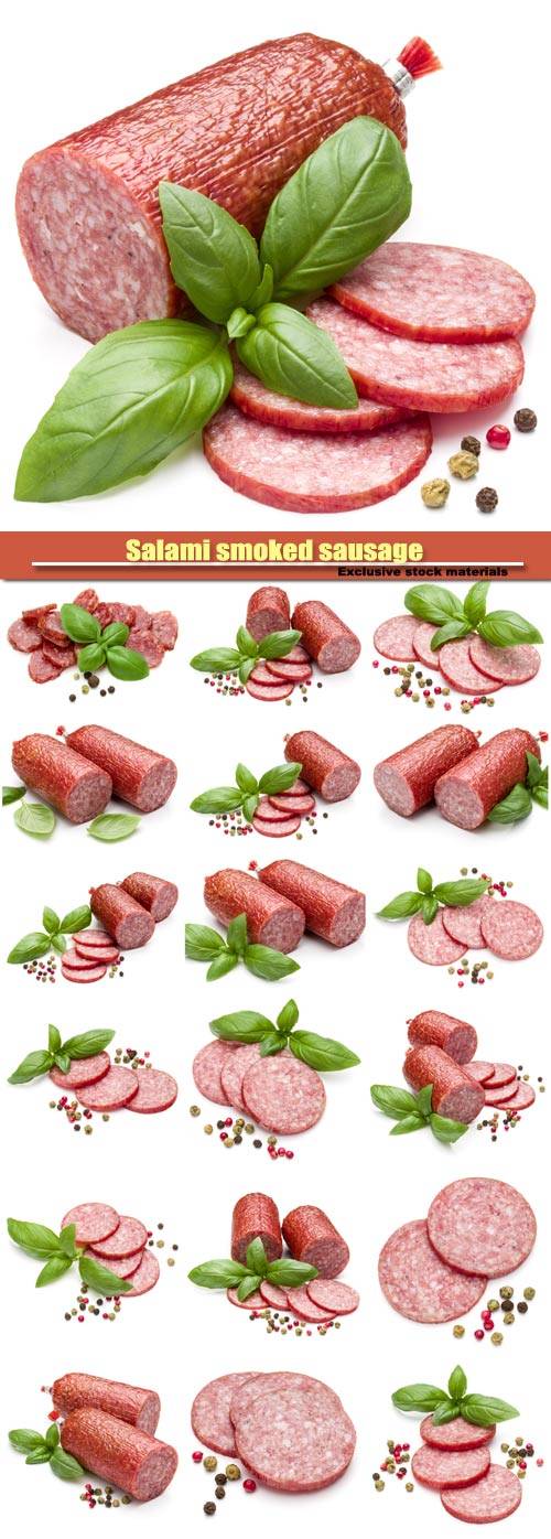 Salami smoked sausage, basil leaves and peppercorns isolated on white backg ...
