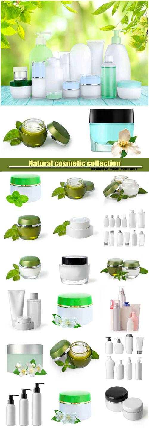 Natural cosmetic, collection of various beauty hygiene containers on white background