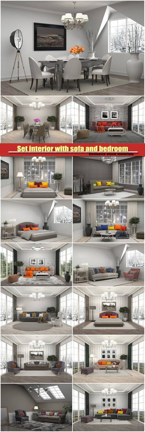 Set interior with sofa and bedroom, 3d illustration