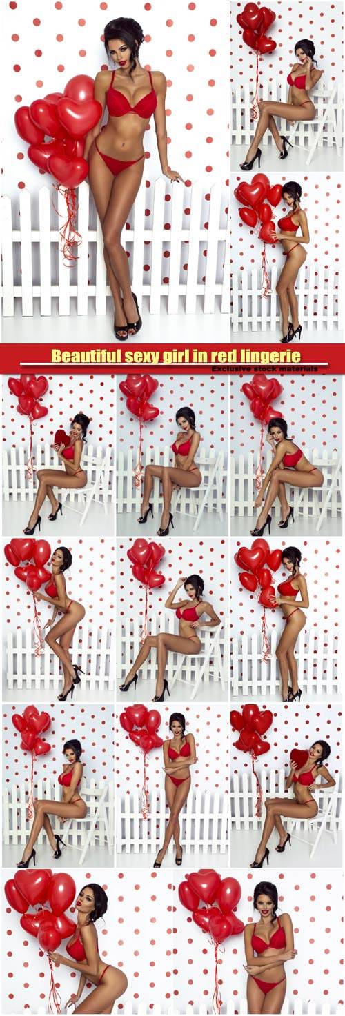 Beautiful sexy girl in red lingerie posing with balloons, Valentine's day
